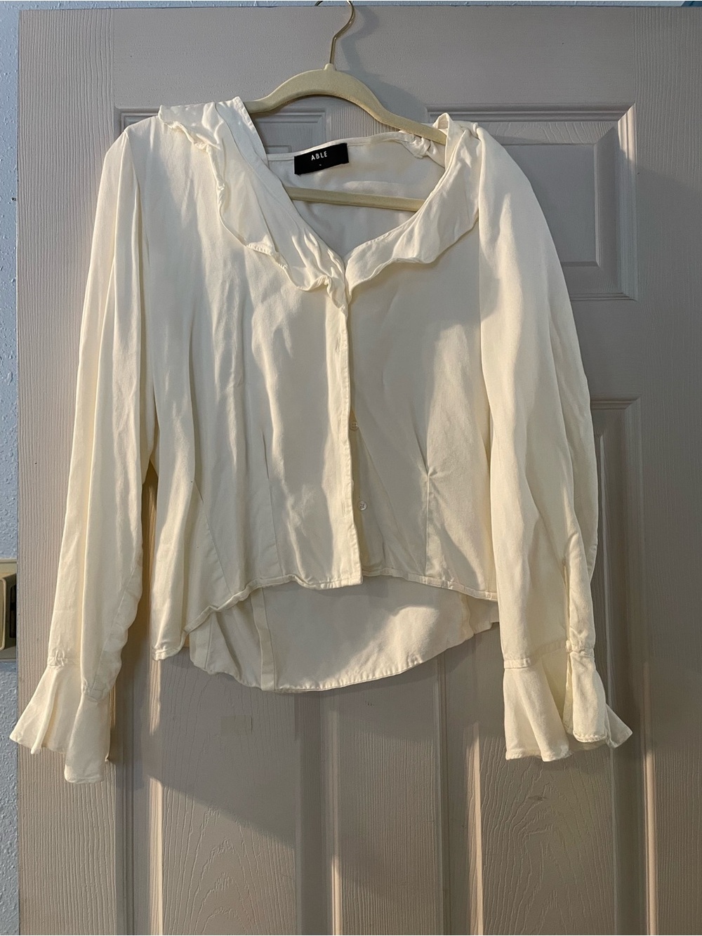 Able Cream Ruffle Collar Button-Down Blouse
